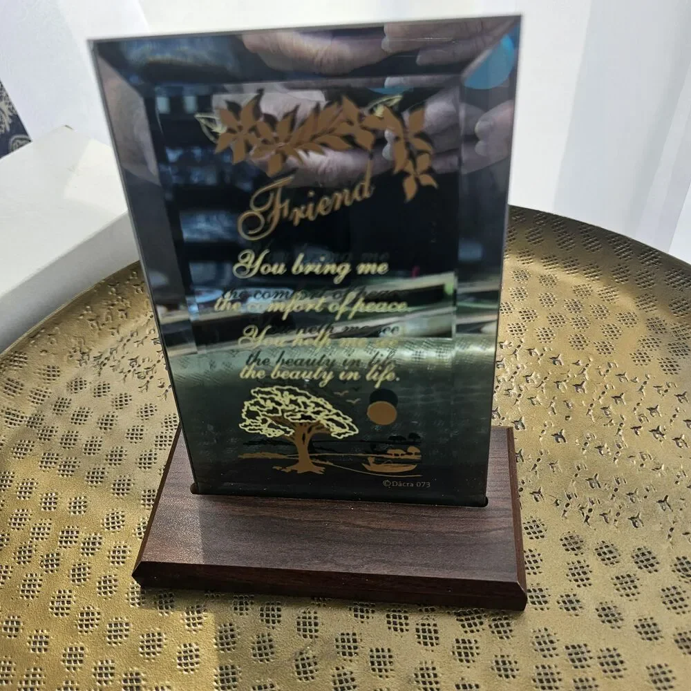 Vintage Glass Friendship Plaque with Wood Stand and Engravable Brass Plate